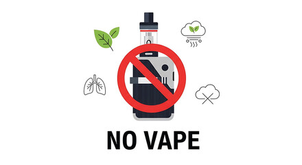 Image depicting a vape device with a red prohibition sign over it, symbolizing a ban on vaping, surrounded by icons representing lungs, leaves, and clouds.