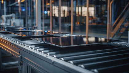 Obraz premium Glossy black solar panel on a conveyor belt in a factory