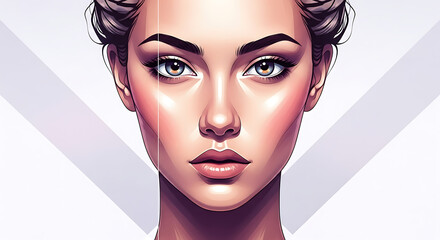 Close-up digital portrait of a woman with striking features and elegant makeup, looking directly forward.