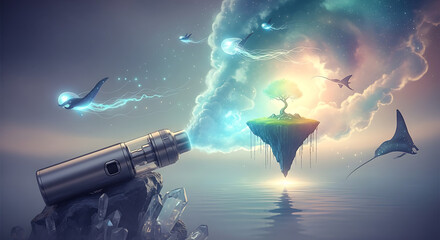 A surreal landscape where a vape device emits clouds that form a floating island with a tree and ethereal sea creatures.
