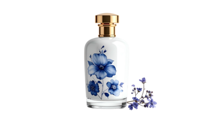 A perfume bottle with blue floral design and a gold cap, set against a black backdrop