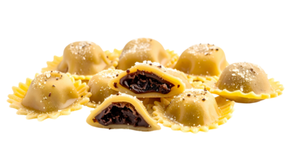 Close-up of several ravioli, some cut open to reveal dark filling, dusted with white