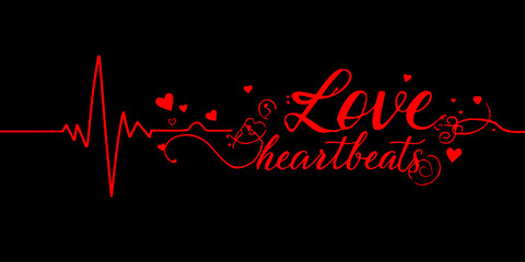 Fototapeta premium Red line love and heart with black background.