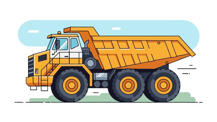 Naklejka premium Large yellow dump truck with six wheels on a grassy terrain viewed from the side