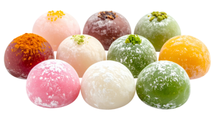 Close-up of colorful mochi desserts, each with a different hue & topping