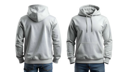 Front/back view of a blank, light gray hooded sweatshirt. Isolated on a transparent background