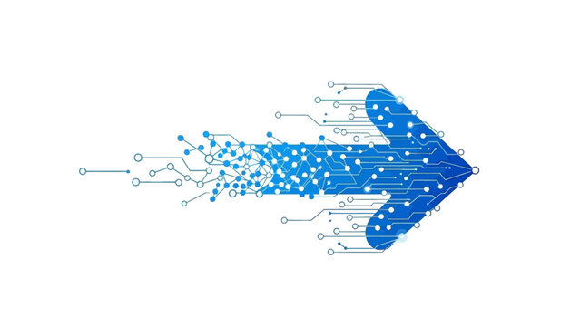 A blue arrow formed by particles moving forward on a white background from a circuit board