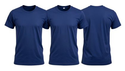 Three navy blue t-shirts, front and back views, isolated on a black background
