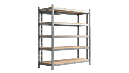 A metal and wooden shelf unit with five tiers, isolated against a black background
