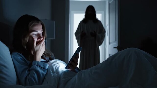 Young woman using smartphone in bed while the silhouette of Jesus Christ stands in the doorway - Spiritual Distraction and Unseen Protection.
