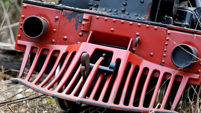Close up of red front buffer beam on vintage steam engine with rivets and metal details on outdoor tracks
