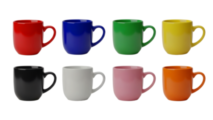 Vibrant collection of eight colorful ceramic coffee mugs for modern design