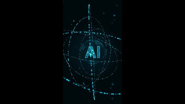 Motion graphic of Blue digital Al logo with particle ring circle rotation and ai techrology icon on futuristic abstract background artificial intelligence and machine learning vertical video concepts