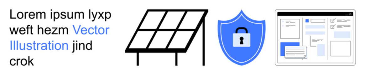 Renewable energy, online security, web design, data protection, energy conservation, digital interfaces. Solar panel, shield with padlock and web layout graphics. Renewable energy and online