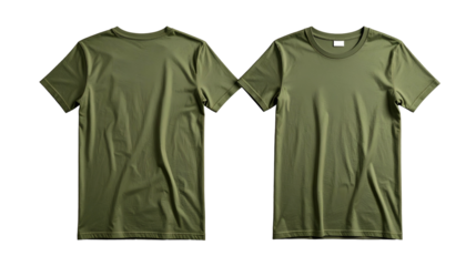 Two olive-green t-shirts, front and back view, plain fabric, isolated on black background