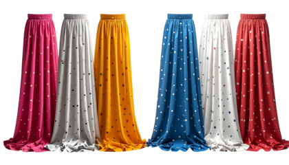 Array of long, flowing skirts in varying colors, each adorned with small, silver star patterns