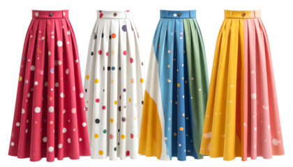 Four colorful, patterned, pleated midi skirts displayed, each with a buttoned waistband