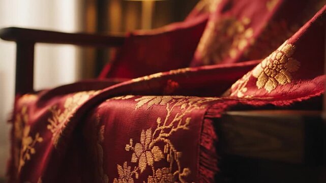 Elegant Red and Gold Fabric Drape on Antique Armchair.