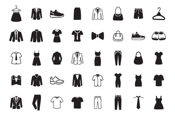Clothing Icon Set in Black and White with T Shirt, Dress, Sneakers and Hanger Symbols in Solid Silhouette and Outline Styles for User Interface Design