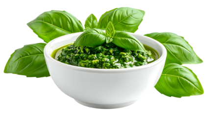 A white bowl filled with vibrant green pesto, surrounded by fresh basil leaves
