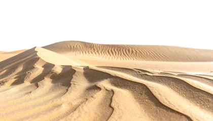 Panoramic view of sand dunes under a clear sky. Wavy textures and shadows
