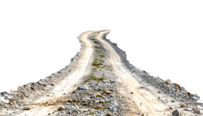 Winding, elevated dirt path disappearing into unknown, isolated against black background