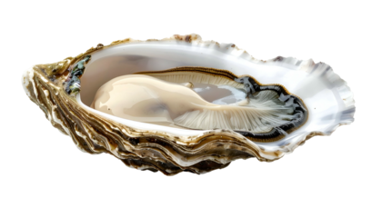 Close-up of a fresh oyster in its shell, showcasing delicate meat