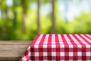 Empty wooden table with red and white gingham tablecloth, providing copy space, ideal for food and product display