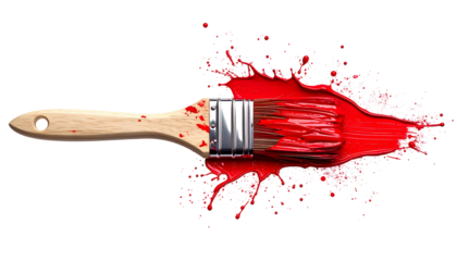 A paint brush laden with vibrant red paint, splattered on a black background