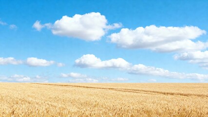 Golden wheat field under a bright blue sky with scattered white clouds