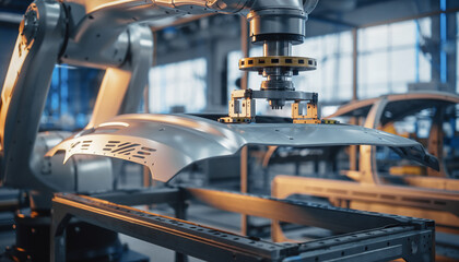 Robotic Arm Picking Up a Composite Car Panel in a Factory