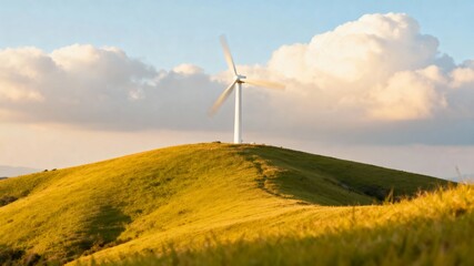 Obraz premium Wind turbine on a grassy hill under a partly cloudy sky