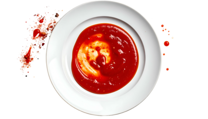 Overhead shot of a white plate with a swirling red sauce and decorative splatters