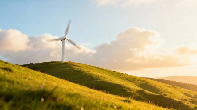 Wind turbine on a grassy hill under a partly cloudy sky during golden hour