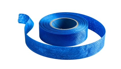 A coil of blue adhesive tape with a textured surface, unravelling on a black backdrop