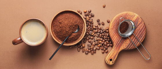 Composition with hot coffee on color background