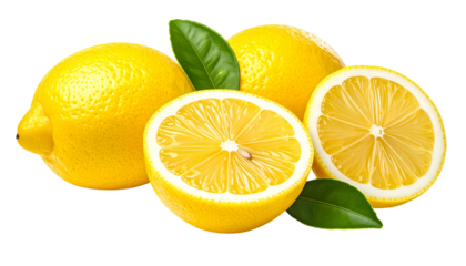 Bright yellow lemons with green leaves; one cut open showcasing juicy pulp