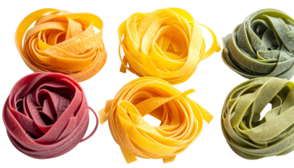 Six colorful, intertwined nests of pasta, showcasing variations in hues and textures