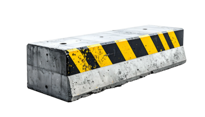 Concrete barrier with black and yellow diagonal stripes, isolated on black
