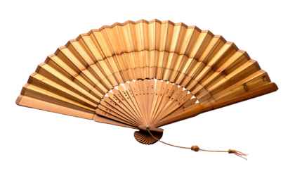 A detailed, open, folding fan crafted of light bamboo, with a tassel