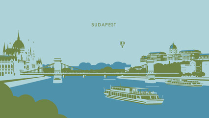 Obraz premium Budapest cityscape with Danube river, Parliament building, Buda Castle, Szechenyi Chain Bridge, boat, hot air balloon.