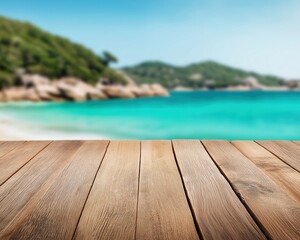 Fototapeta premium Empty wood surface with out of focus summer sea and sand, providing a perfect backdrop for product display or text