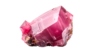 A close-up of a pink, faceted crystal cluster on a dark background