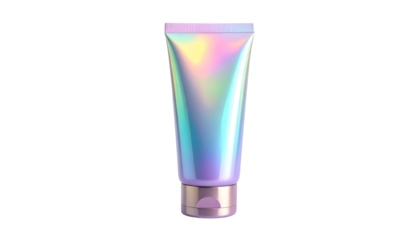 A cosmetic tube on black background, showcasing an iridescent, holographic sheen