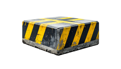 A concrete hazard marker block with black/yellow stripes. Black background