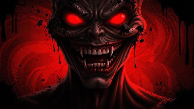 A menacing, grotesque face with sharp teeth and a red, blood-like background