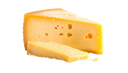 A close-up of a wedge of yellow cheese with holes, and a slice, isolated on black
