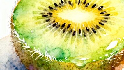 Close-up watercolor illustration of a sliced kiwi fruit, showcasing vibrant green flesh, black seeds, and fuzzy brown skin