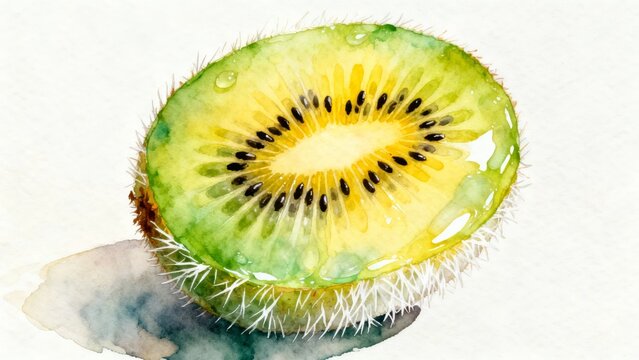 Watercolor painting of a sliced kiwi fruit with vibrant green flesh and black seeds - Powered by Adobe