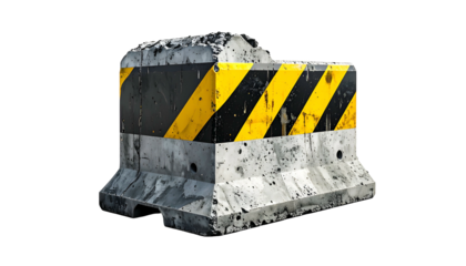 Concrete road barrier with black and yellow stripes, weathered appearance